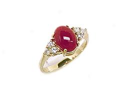 Red Coral Cabochon Ring With Diamonds