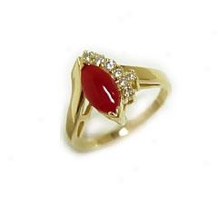 Red Coral Marquise Ring With Diamonds