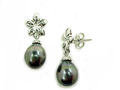 Tahitian Pearl Dangle Earrings In Plumeria Setting