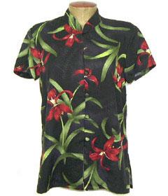 Tropical Orchid Romance Mandarin Collar Blouse-black