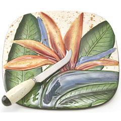 Vibrant Bird Of Paradise Cheese Tile & Knife Set