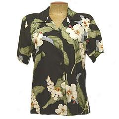 Vintage Hibiscus Women's Camp Blouse- Black