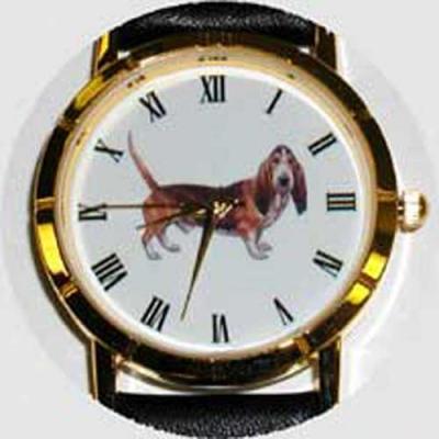 Basset Hound Watch - Large Face, Blackk Leather