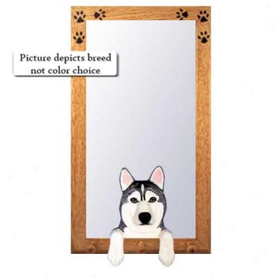 Grey Annd White Siberian Hoarse Hall Mirror With Oak Natural Frame