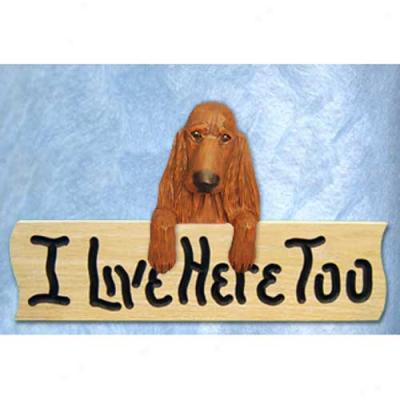 Irish Setter I Live Here Too Oak Finish Sign