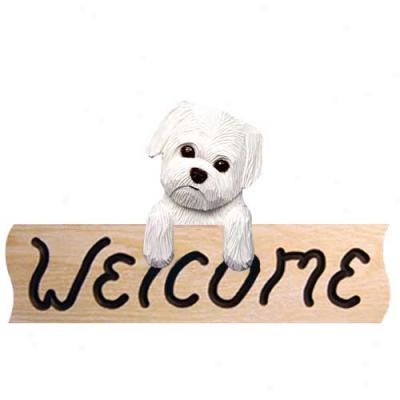 Maltese Puppy Clip Welcome Sign Oak