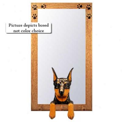 Red And Tan Doberman Pinscher Hall Mirror With Oak Natural Frame