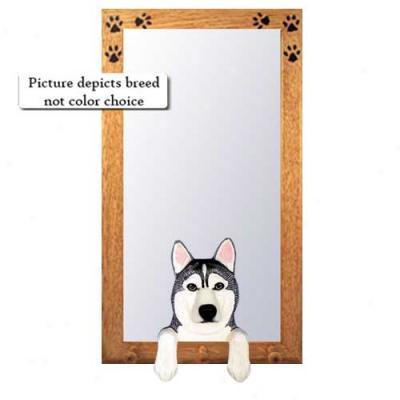 Red And White Siberian Husky Hall Mirror With Oak Golden Frame