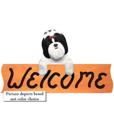 Shih Tzu Silver And White Welcome Sign Maple