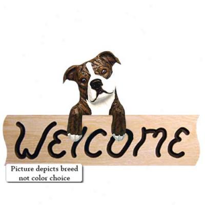 Staffordshire Bull Terrier Red And White Welcome Sign Oak