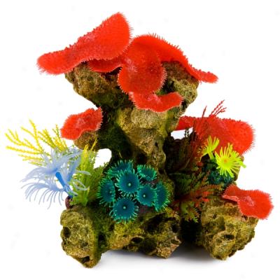 Top Fin? Stone Aquaium Ornament With Soft Red Corals