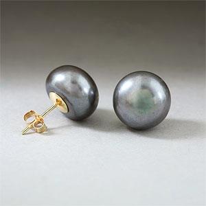 14k 11-12mm Black Freshwater Pearl Button Earrings