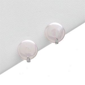 14k 13mm-13.5mm Coin Pearl & Diamond Earrings