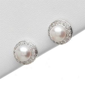 14k 7.5mm-8mm Pearl & Diamond Earrings