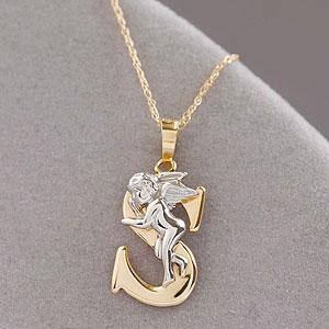 14k Gold Huuggjng Angel Initial S Pendant