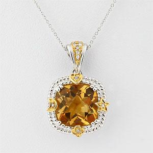 14k Silver Citrine & Diamond Pendant Necklace
