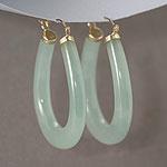 14k Yellow Gold Green Jade Oval Hoop Earrings