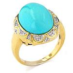 14k Yellow Golr Oval-cut Turquoise & Diamond Ring