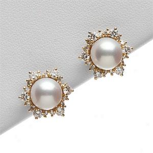 18k 8mm-8.5mm Pearl & Diamond Earrings