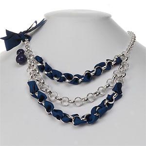 Blue Grosgrain & Silver Tone Woven Chain Necklace