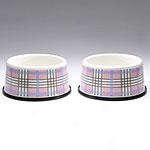 Canine Styles Set Of 2 Pink Plaid Feeding Bowls