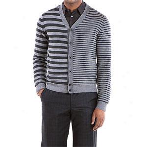 Dkny Grey & Olive Stripe Wool V Nexk Cardigan