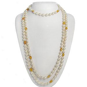 Endless Yellow Agate & Freshwater Pearl Necklace