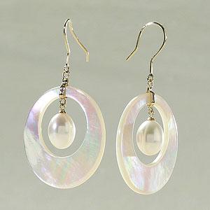 Mother-of-pearl & Cultured Pearl Earrings, 14k