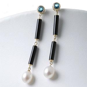 Onx, Blue Topaz & Pearl Drop Earrings, 14k