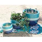 Set Of 3 Blue Striped Ceramic Planters