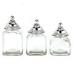 Set Of 3 Glass Canisters With Ornate Silver Tops