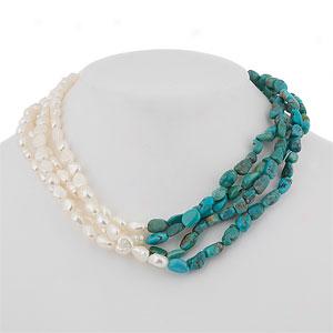 Silver 5-8mm Baroque Pearl & Turquoise Necklace