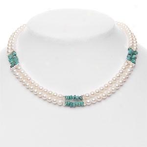 Silver 5.5mm-6mm Pearl & Turquoise Necklace