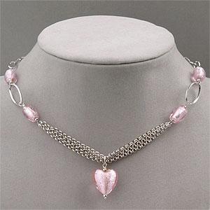 Sterling Silver Pink Murano Heart Necklace