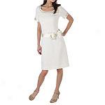 Teri Jon Petite White Wool Dress With Satin Bow