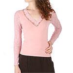 Yuka Petite Pink Beaded V-neck Sweater With Lace
